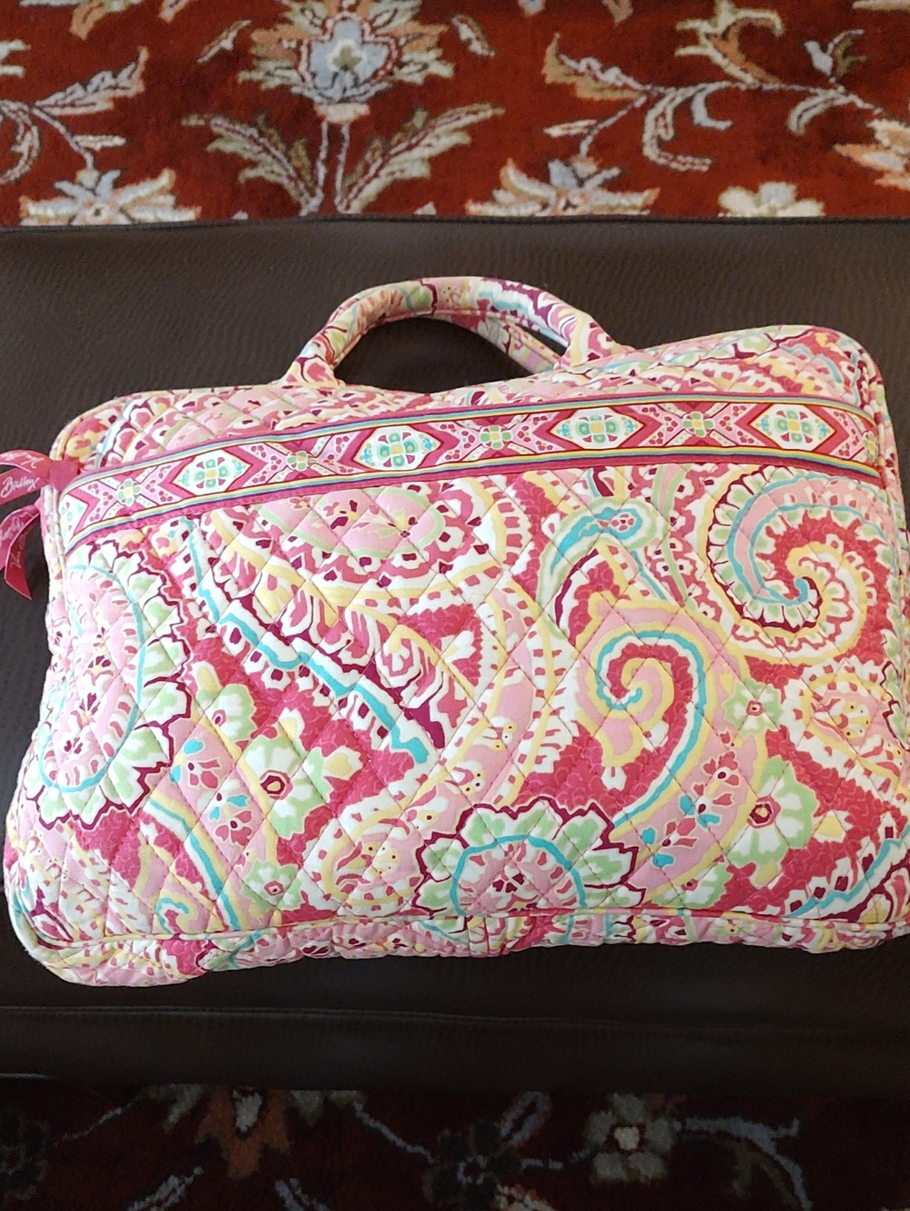 Vera Bradley Pink Paisley Quilted Laptop Bag with Mint & Yellow Accents